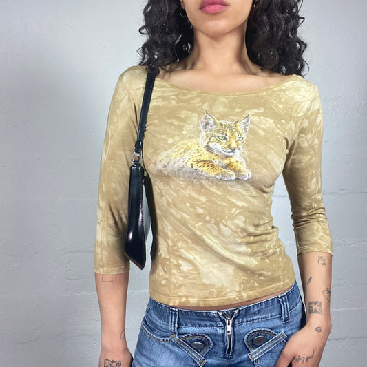 Vintage 2000's Downtown Girl Sand Colour 3/4 Sleeve Tie Dye Effect with Animal Print (S)
