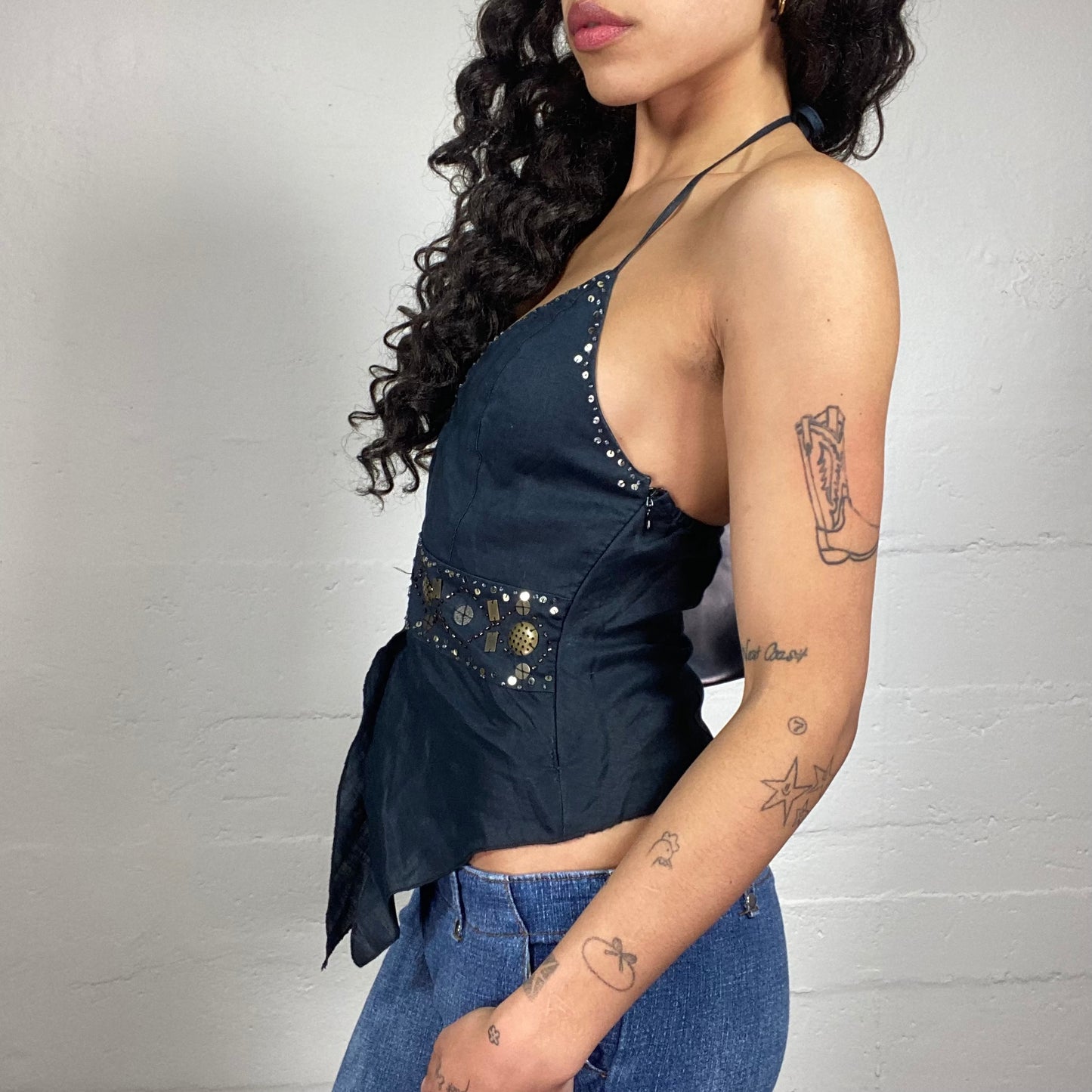 Vintage 2000's Asymmetric Neckholder Top with Sequins Embroidery (S)