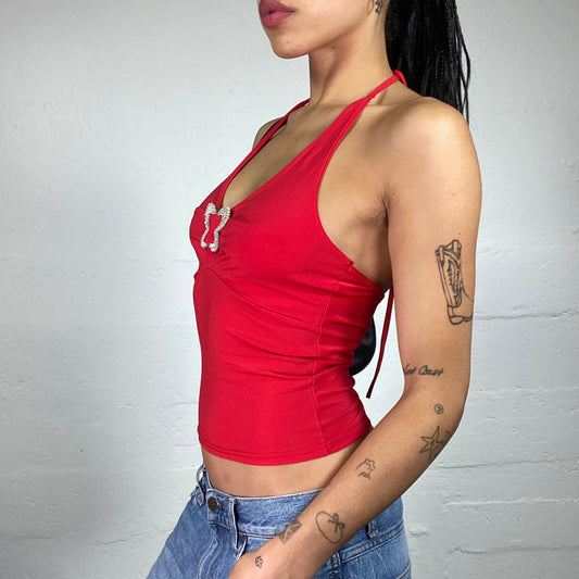 Vintage 2000's Glamorous Blood Red Mini Neckholder Top with Metal Butterfly Ring Detail (S)
