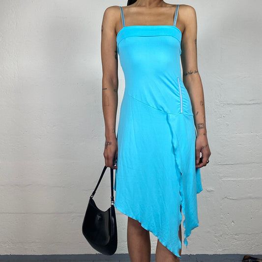 Vintage 2000's Summer Girl Aquamarine Blue Cami Midi Dress with Side Cut and Asymmetric Bottom Trim (S)