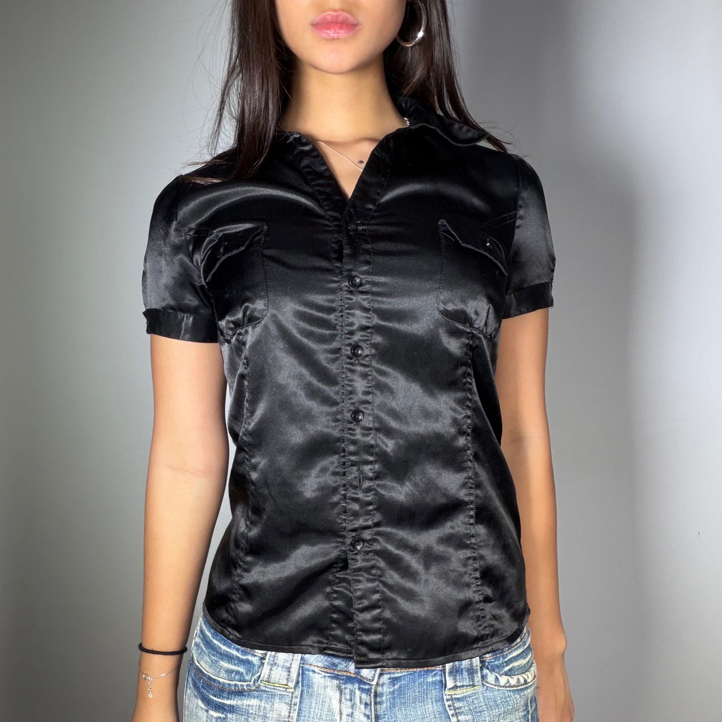 Vintage 90’s Sleaze Black Satin Shirt (S)