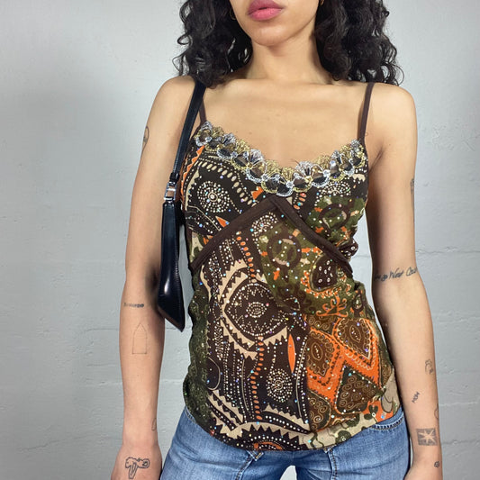 Vintage 2000's Boho Girl Brown Toned Printed Cami Top with Trim Embroidery (S)