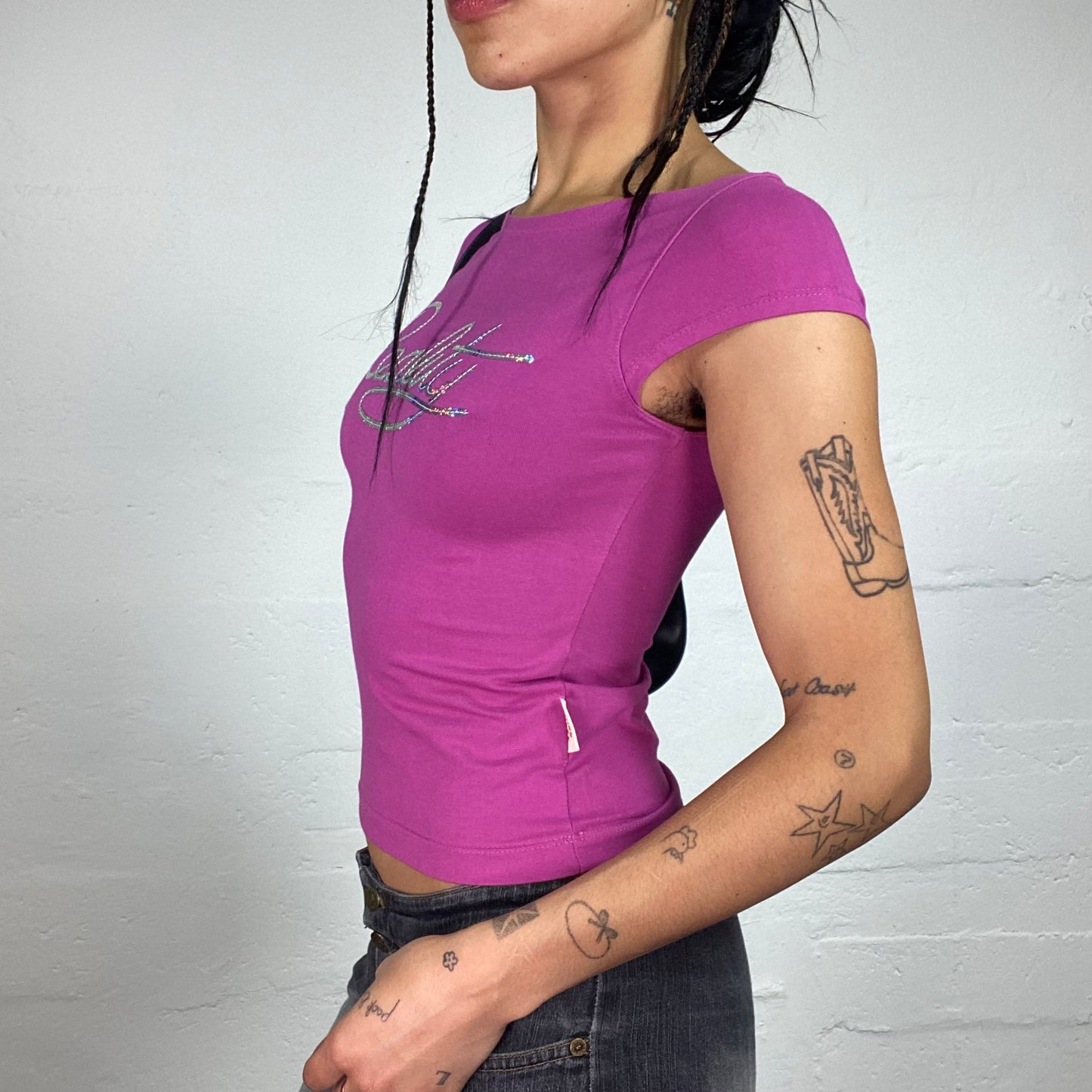 Vintage 2000's Miss Sixty Glam Purple Baby Tee with Reality Typo Sequin Embroidery (S)
