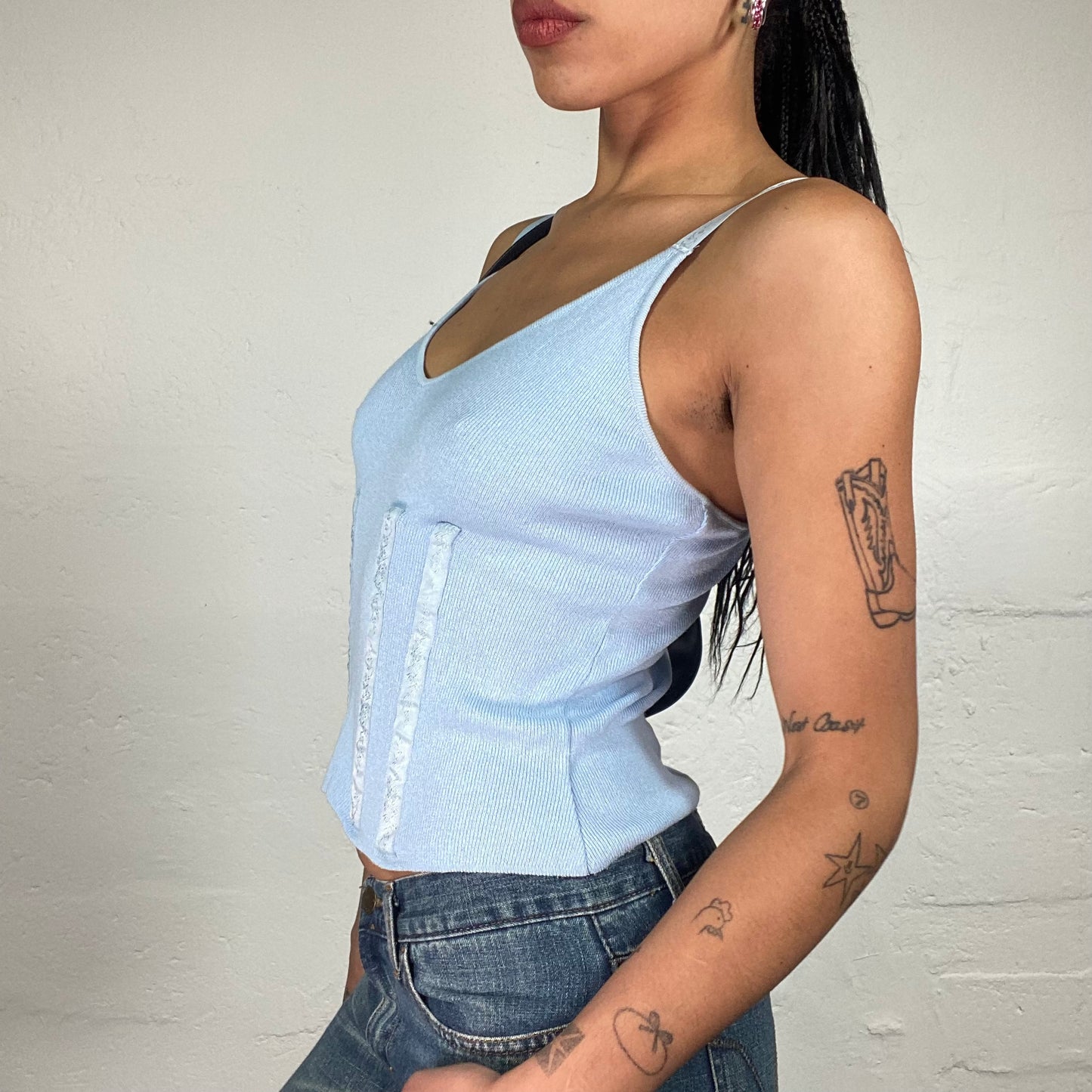Vintage 2000's Soft Girl Baby Blue Jersey Cami Top with Floral Printed Stripes Details (S)