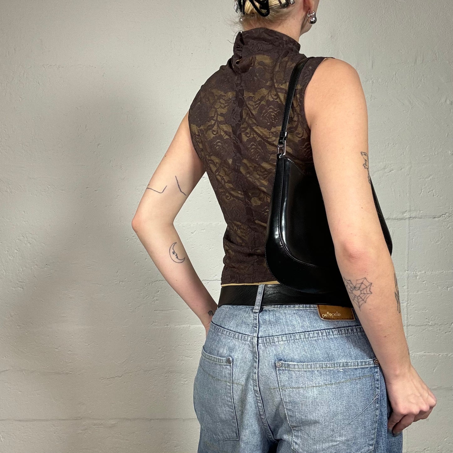 Vintage 2000's Indie Girl Brown Turtleneck Top with Floral Lacing (S)