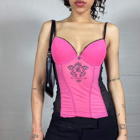 Vintage 2000's Pink and Black Lingerie Style Top with Logo Print and Mesh Details (S)