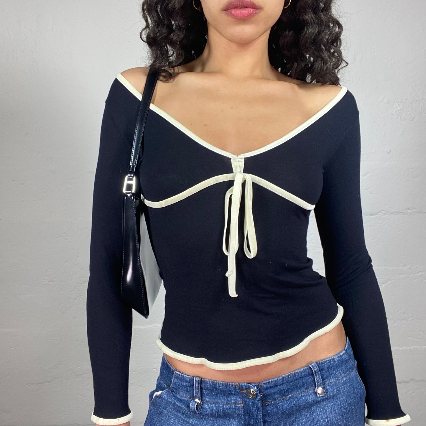 Vintage 2000's Coquette Black Off Shoulder Longsleeve Top with White Overlock and Middle Ribbon Detail (S)