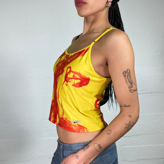 Vintage 2000's Nike Summer Girl Yellow Mini Cami Top with Red Abstract Fire Print (L)