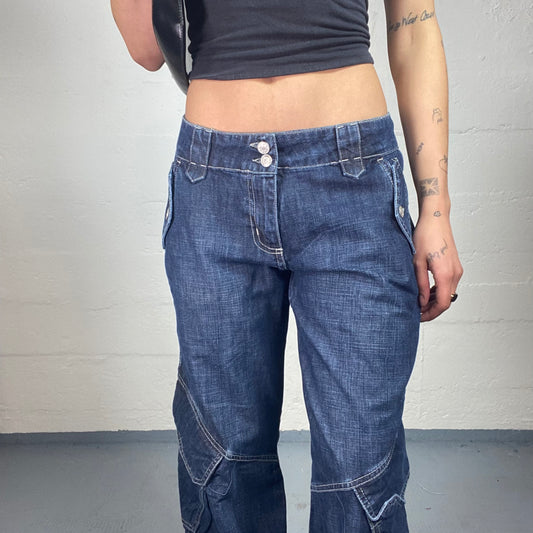 Vintage 2000's Downtown Girl Classic Blue Straight Fit Jeans with XL Pockets Details (M)