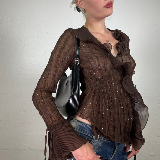 Vintage 2000's Earth Angel Brown Chiffon Lonsgleeve Blouse with Ruffle Collar and Sequin Details (XL)