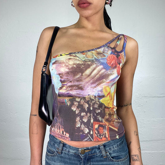Vintage 2000's Downtown Girl Cropped One Shoulder Asymmetric Retro Print Top (M)