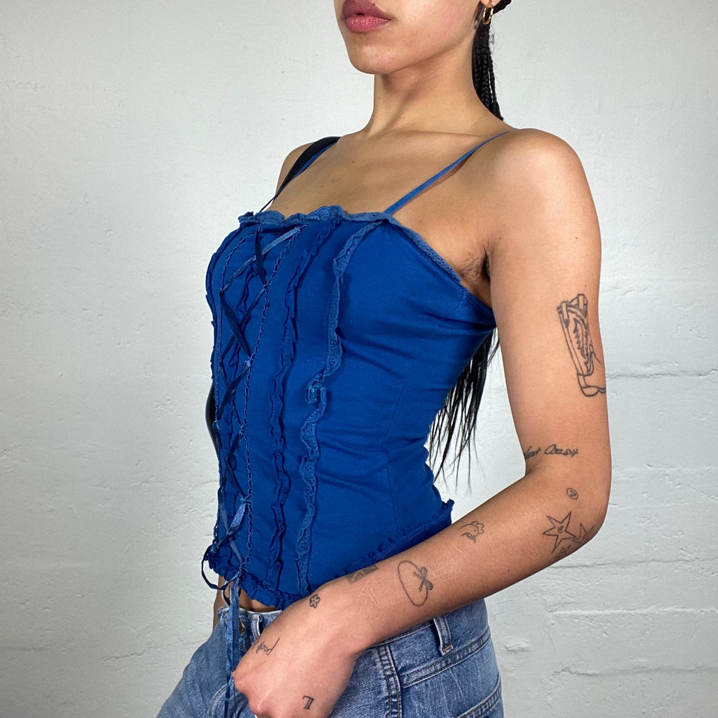 Vintage 2000's Sunny Day Walk Royal Blue Cami Top with Ruffles and Silky Lace Up Details (M)