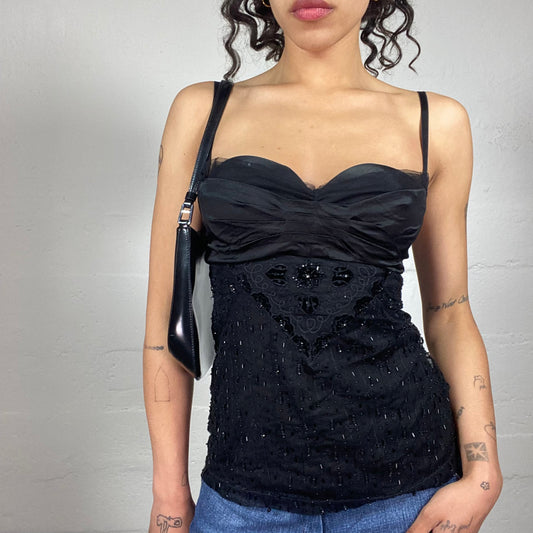 Vintage 2000's Pinko Night Out Black Classy Sequins Decorated Cami Top with Silky Bra Ribbon Detail (M)