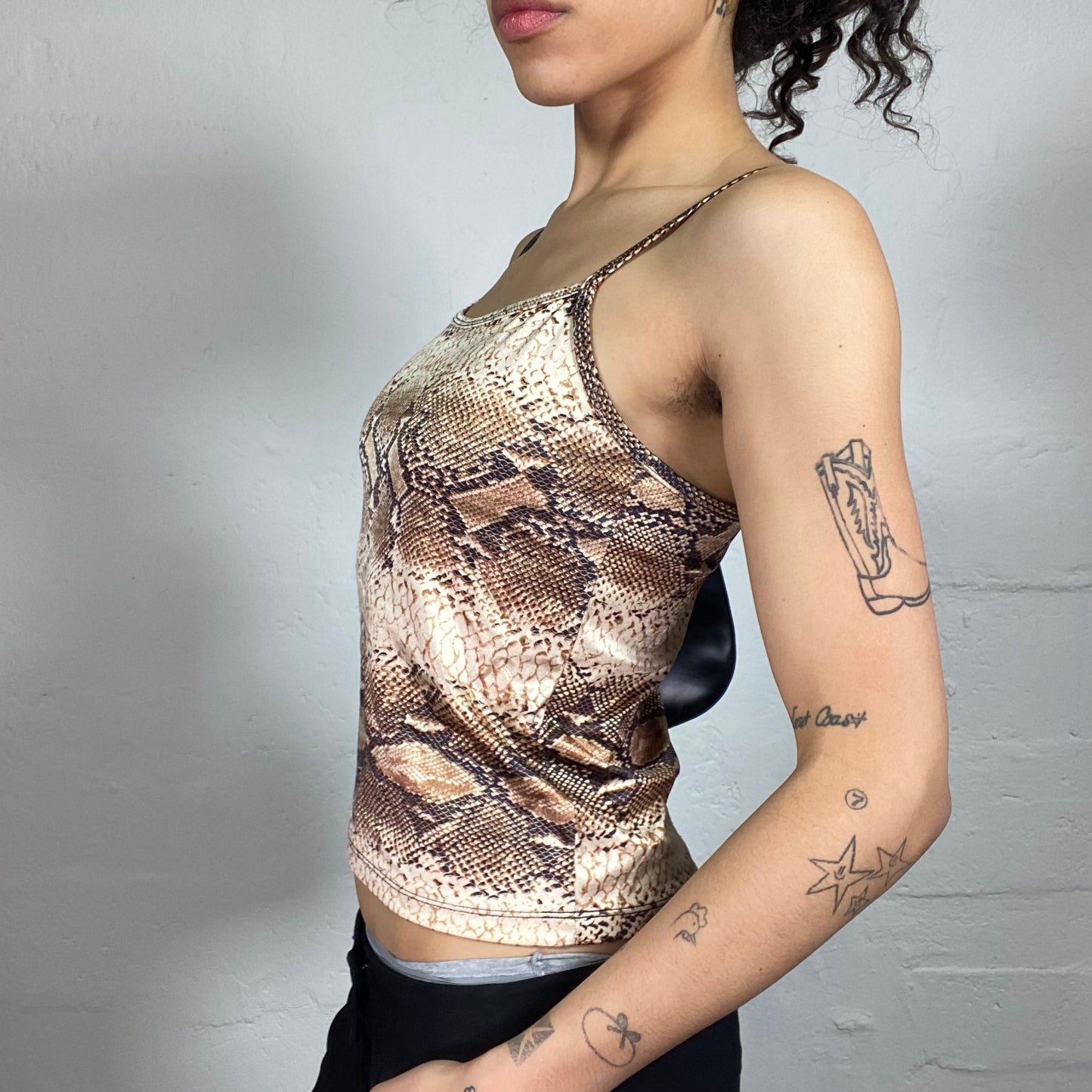 Vintage 2000's Casual Glam Snake Skin Print Beige and Brown Cami Top (S)