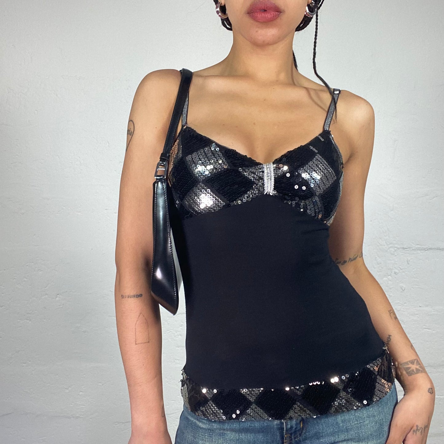 Vintage 2000's Clubwear Funky Black Cami Top with Rombed Sequin Embroidery (S)
