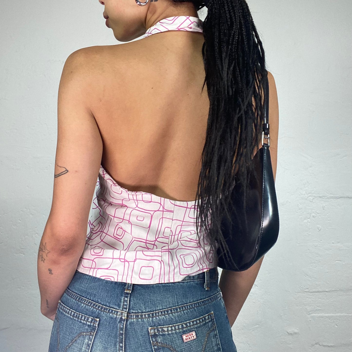 Vintage 2000's Downtown Girl White Collared Zip Up Neckholder Top with Pink Geometric Print (S)