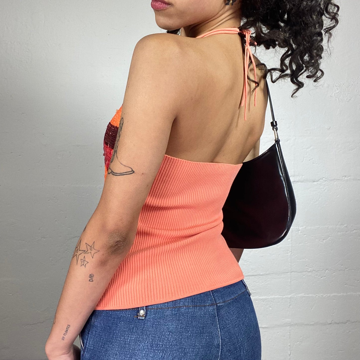 Vintage 2000's Clubwear Coral Neckholder Top with Sequins Multicoloured Embroidery (M)