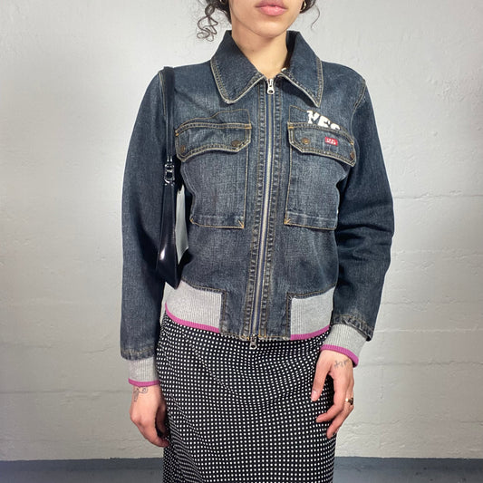 Vintage 2000's Casual Blue Denim Zip Up Jacket with Pink Accents (L)