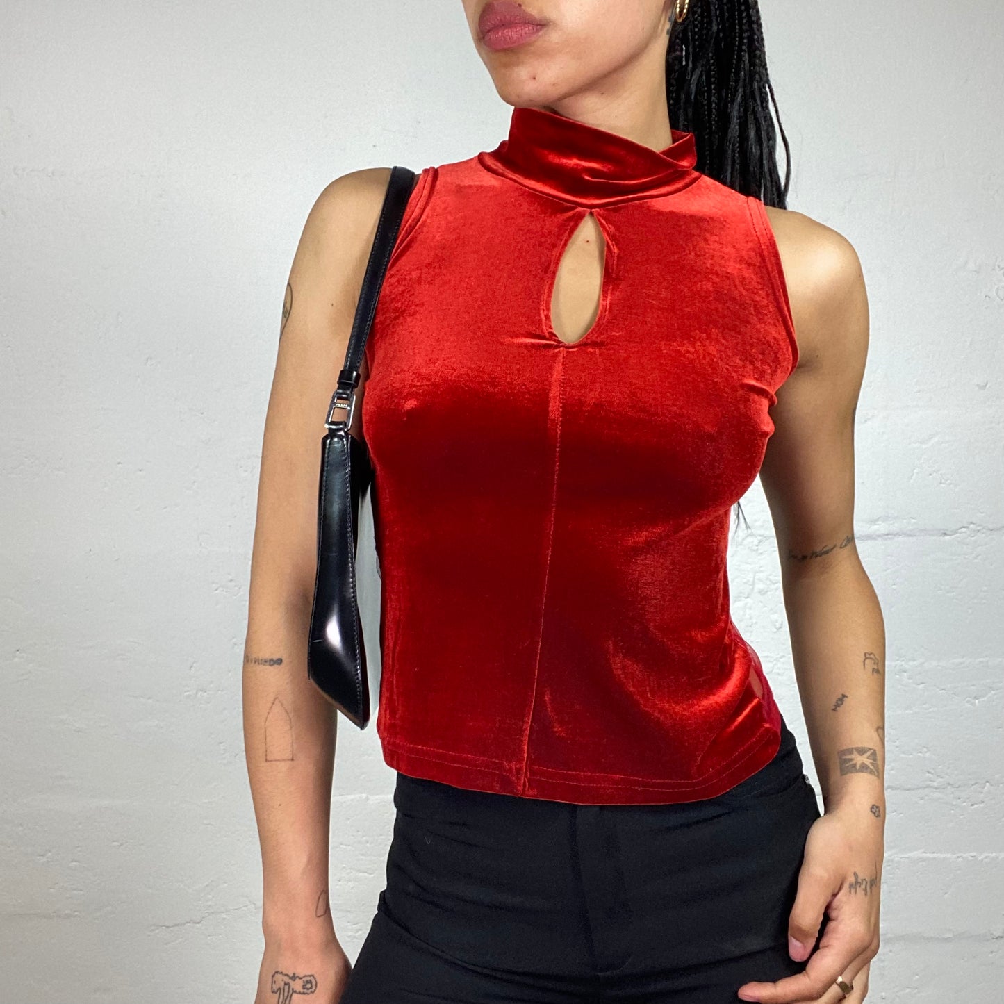 Vintage 2000's Glamorous Blood Red Velour Turtleneck Sleeveless Top with Drop Cut and Mesh Back (S)