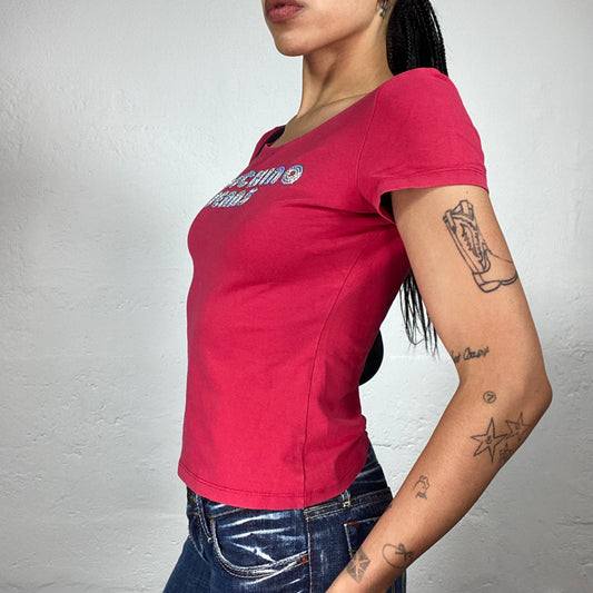 Vintage 2000's Moschino Jeans Cherry Colour Shortsleeved Baby Tee with Blue Logo Embroidery (S)
