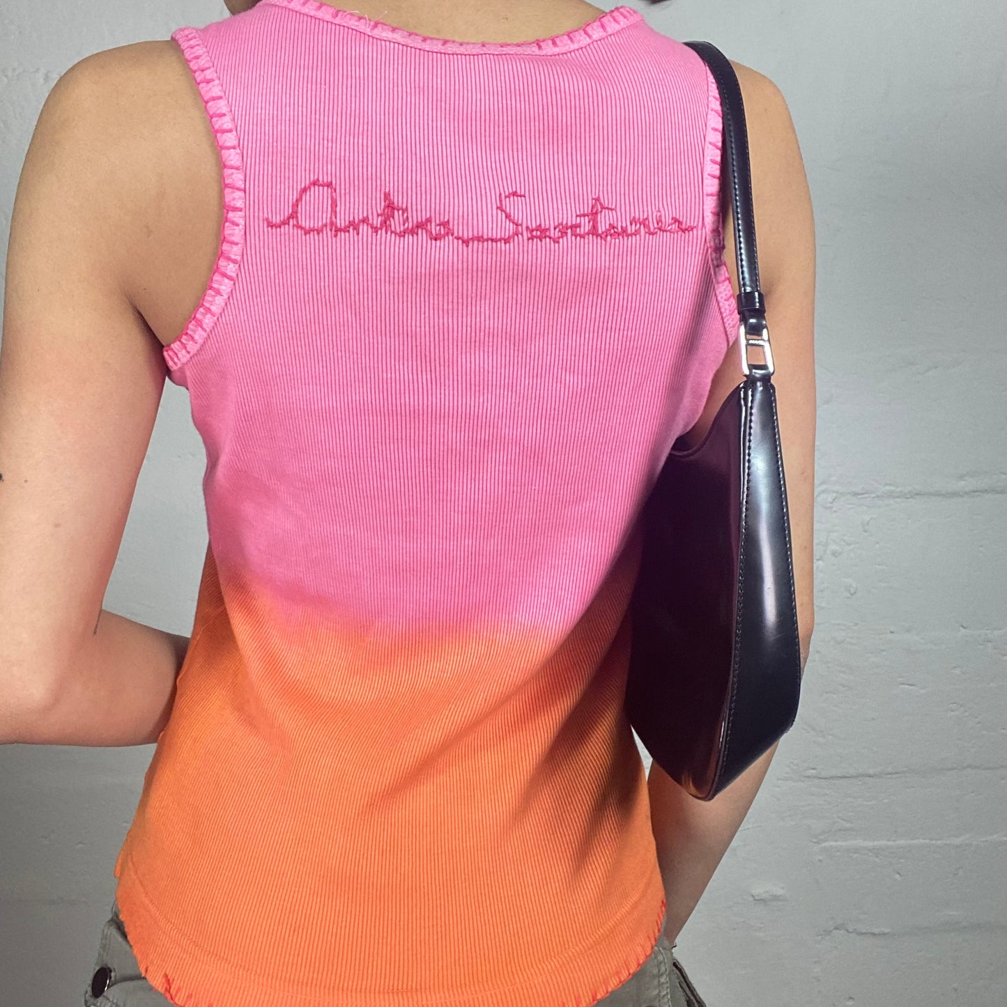 Vintage 2000's Hippie Jersey Orange and Pink Tank Top with Sequins Decorated Embroidery (M)