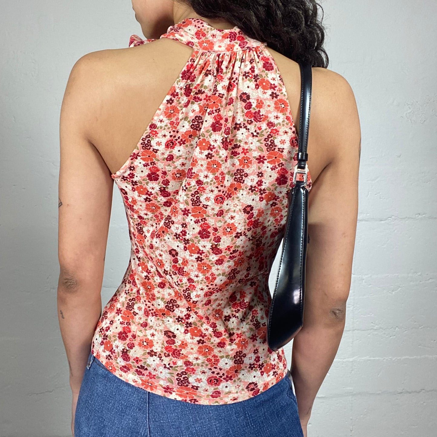 Vintage 2000's Romantic Orange Floral Print Turtleneck Sleeveless Top with Neck Ribbon (S)