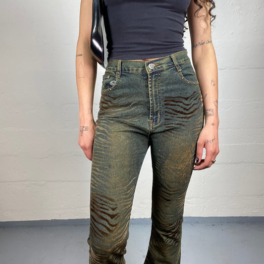 Vintage 2000's Cowgirl Green High Waisted Bootcut Jeans with Velour Animal Print (L)