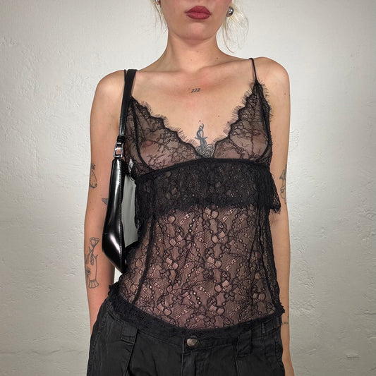 Vintage 2000's Night Out Black Lingerie Style Lace Shiny Top (S)