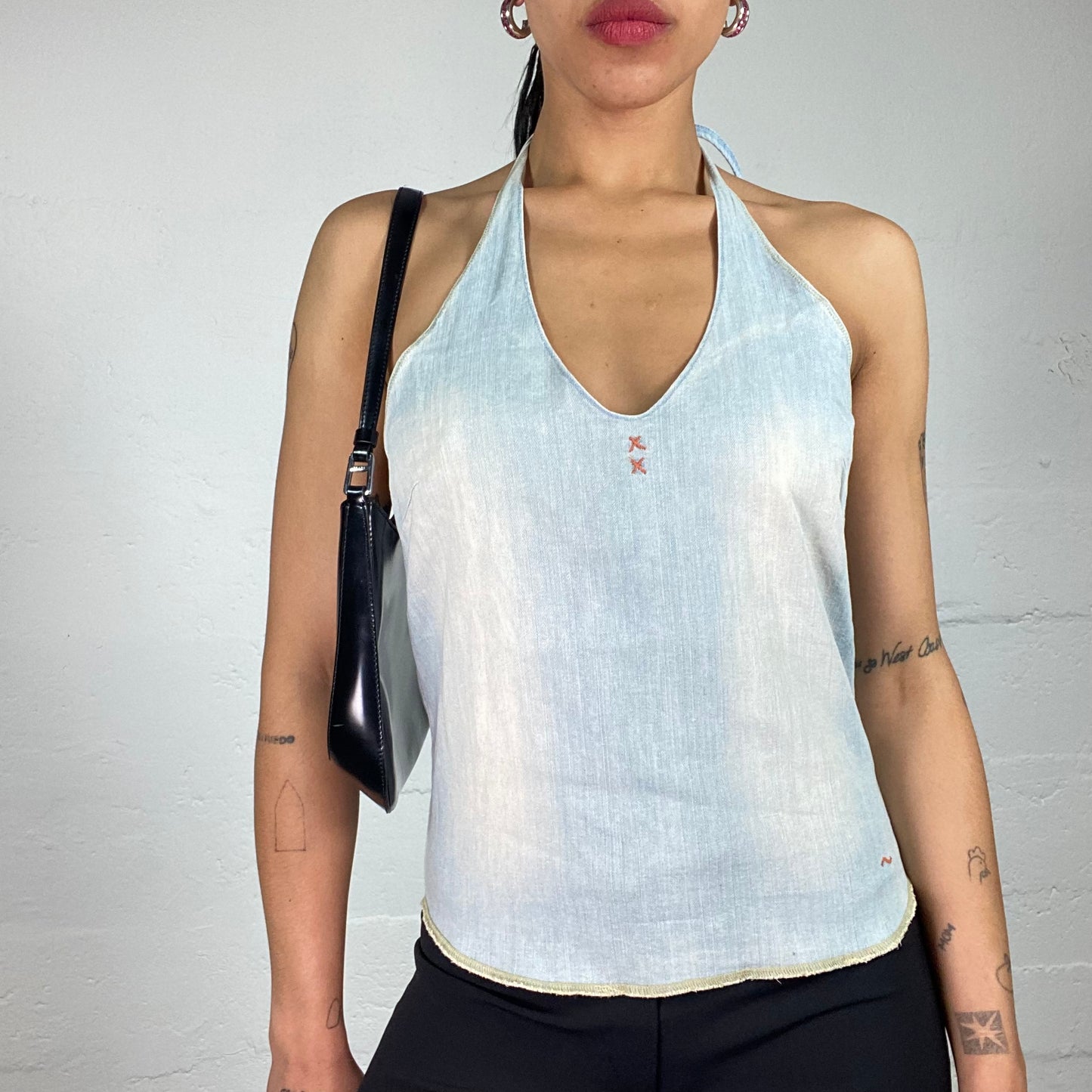 Vintage 2000's Downtown Girl Light Blue Washed Out Denim Neckholder Top (L)