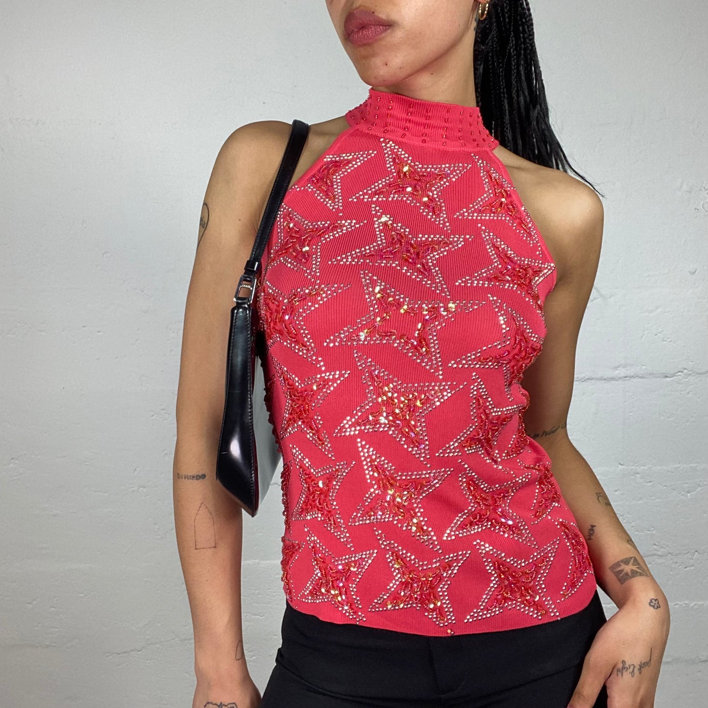 Vintage 2000's Funky Coral Red Turtleneck Jersey Top with Sequins and Rhinestone Stars Embroidery (S)