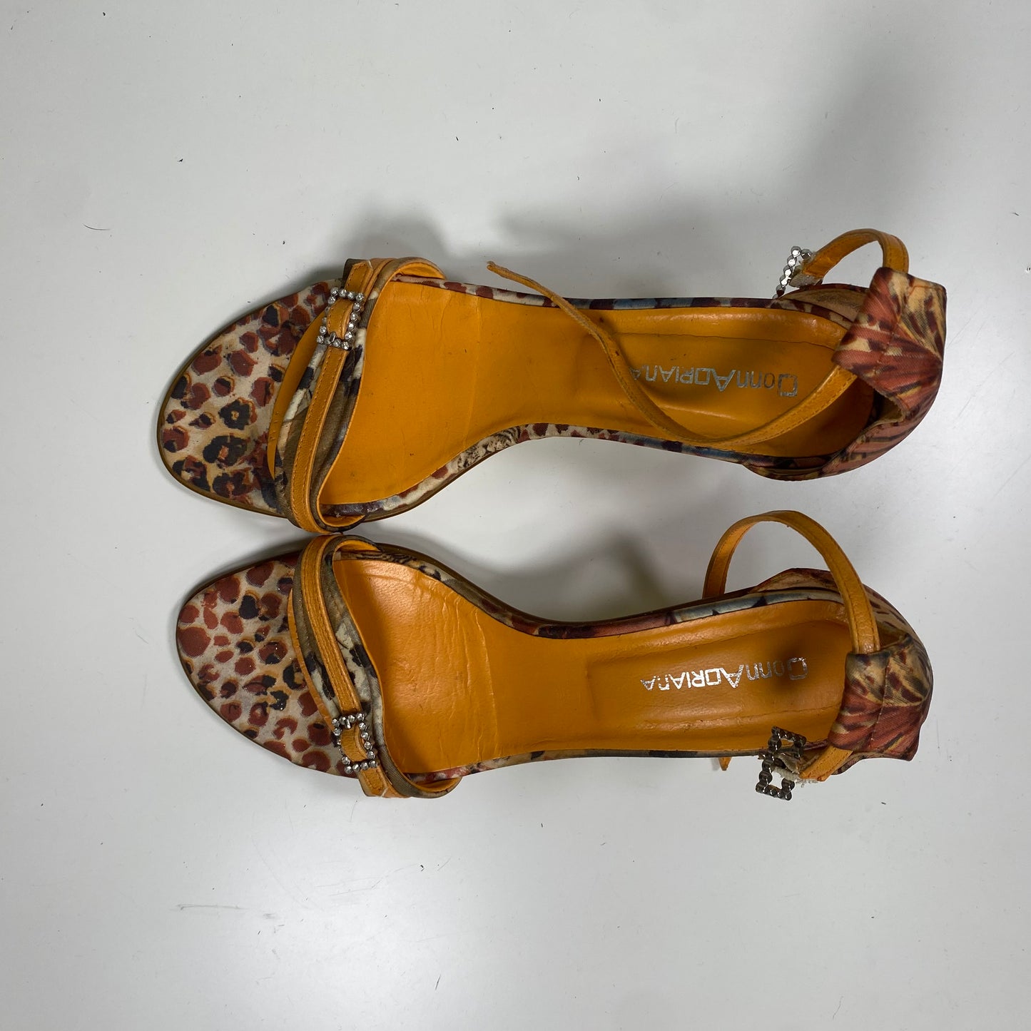 Vintage 2000's Glamorous Yellow and Brown Toned Leo Print Open Toe Heels with Rhinestone Detail (39)