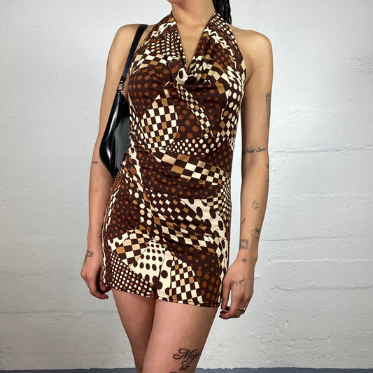 Vintage 2000's Downtown Boho Girl Mini Cube Abstract Printed Draped Neckholder Mini Dress (S)