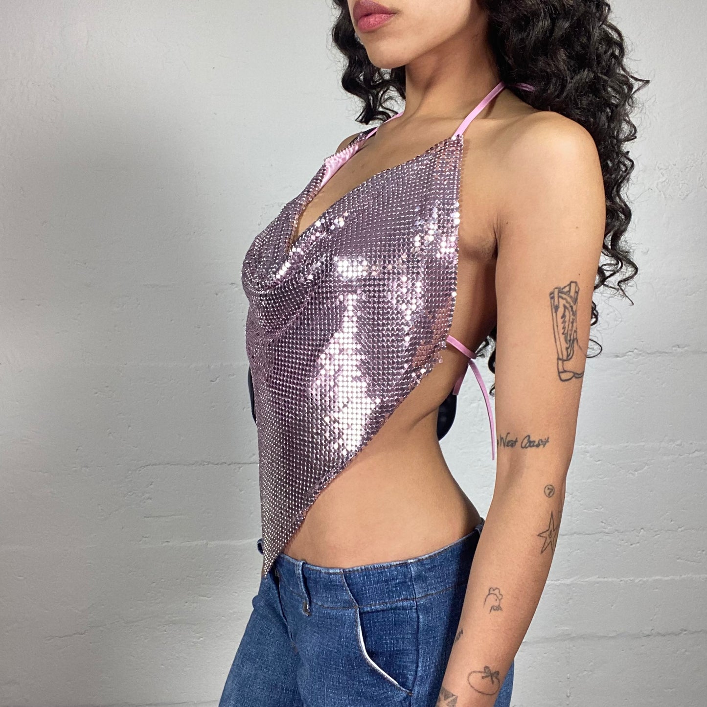 Vintage 2000's Glamorous Clubwear Pink Sequins Draped Neckholder Top with Open Back (S/M)