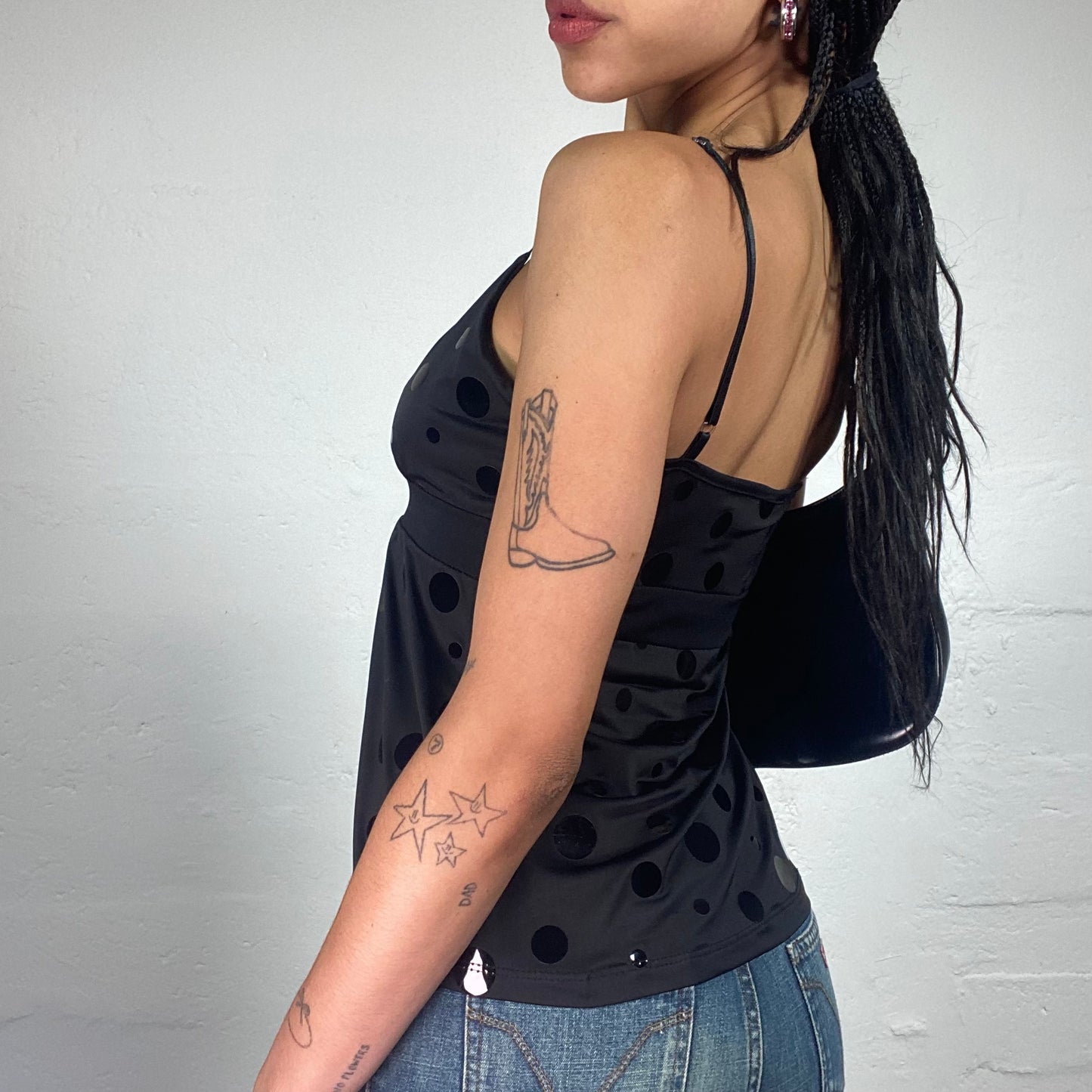 Vintage 2000's Clubwear Black Cami Draped Top with Glossy Polka Dot Patches (S)