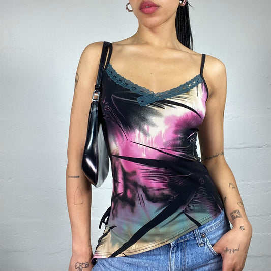 Vintage 2000's Downtown Girl Green Black and Pink Abstract Print Cami Too with Lace Trim (S)