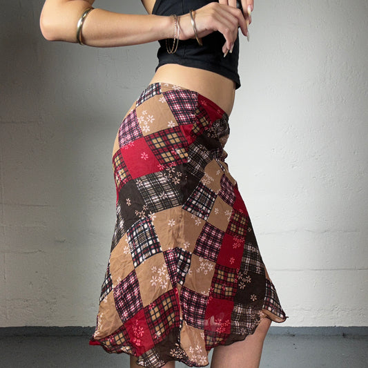 Vintage 2000's Boho Girl Black Beige and Red Midi Chiffon Skirt with Squired Checkered and Floral Print (S)