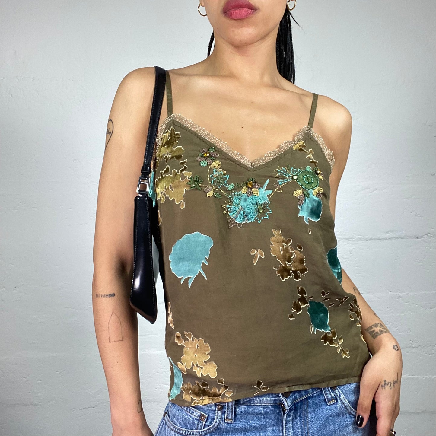 Vintage 2000's Romantic Khaki Green Cami Top with Blue and Beige Floral Embroidery and Ruffled Trim (S)