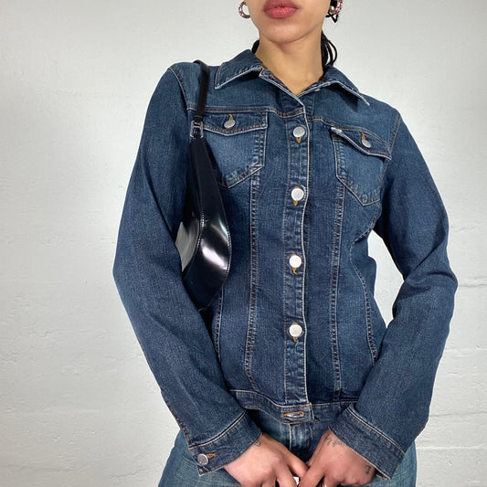 Vintage 2000's Miss Sixty Downtown Girl Classic Deep Blue Button Up Denim Jacket (L)