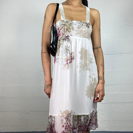 Vintage 2000's Summer White Chiffon Layered Midi Dress with Beige and Brown Toned Floral Prints (S)