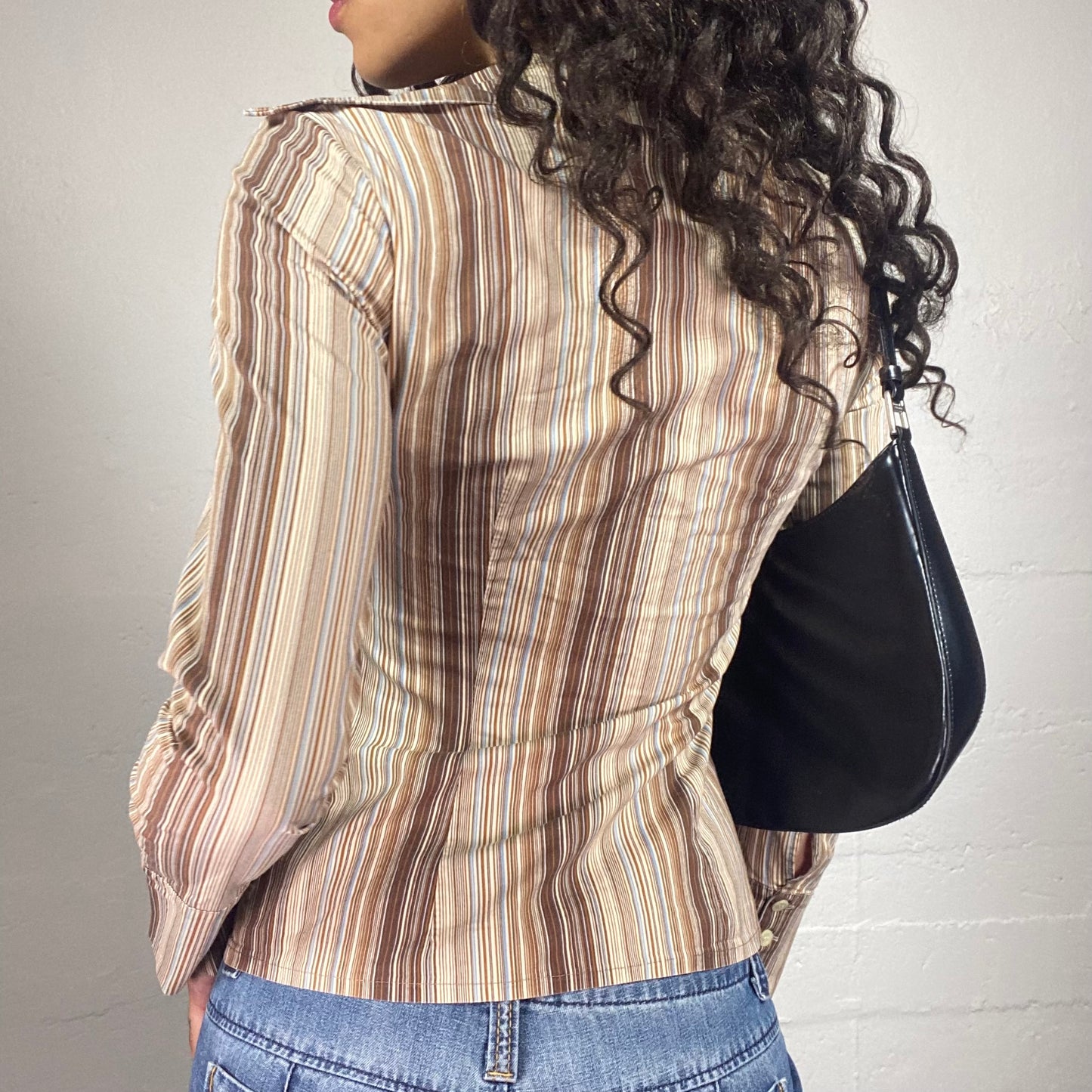 Vintage 2000's Office Girl Beige and Brown Striped Button Up Shirt (M)