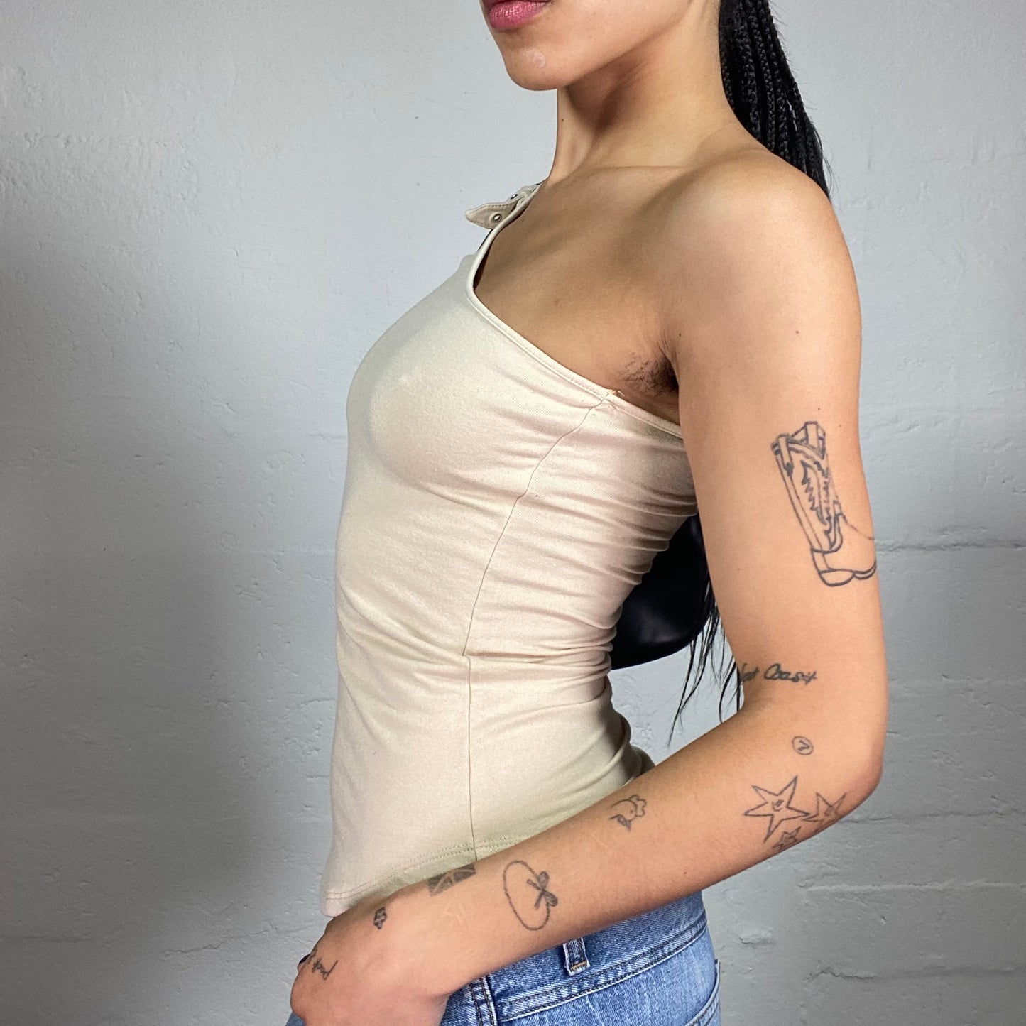 Vintage 2000's Casual Beige Asymmetric One Shoulder Top with Belt Details (S)