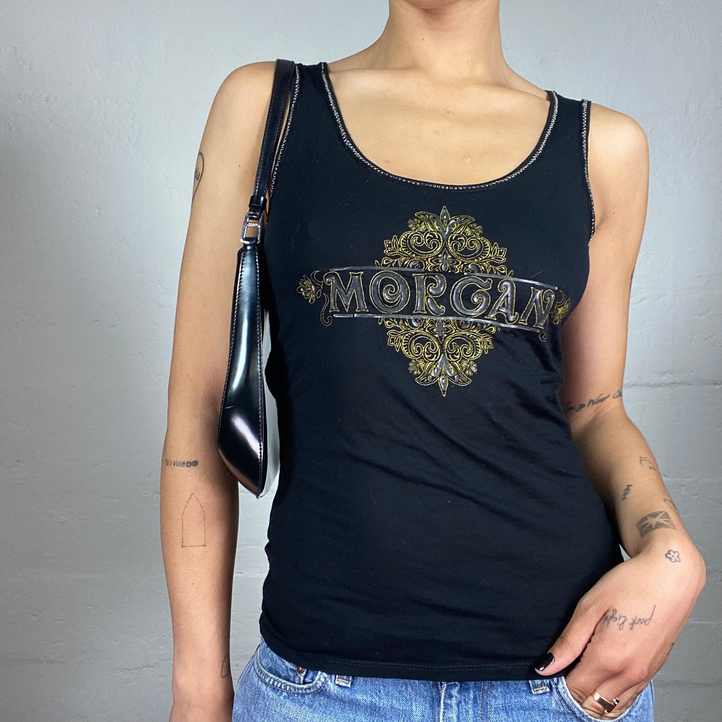 Vintage 2000's Archive Morgan Black Tank Top with Golden Shiny Logo Print and Matching Trim (S)