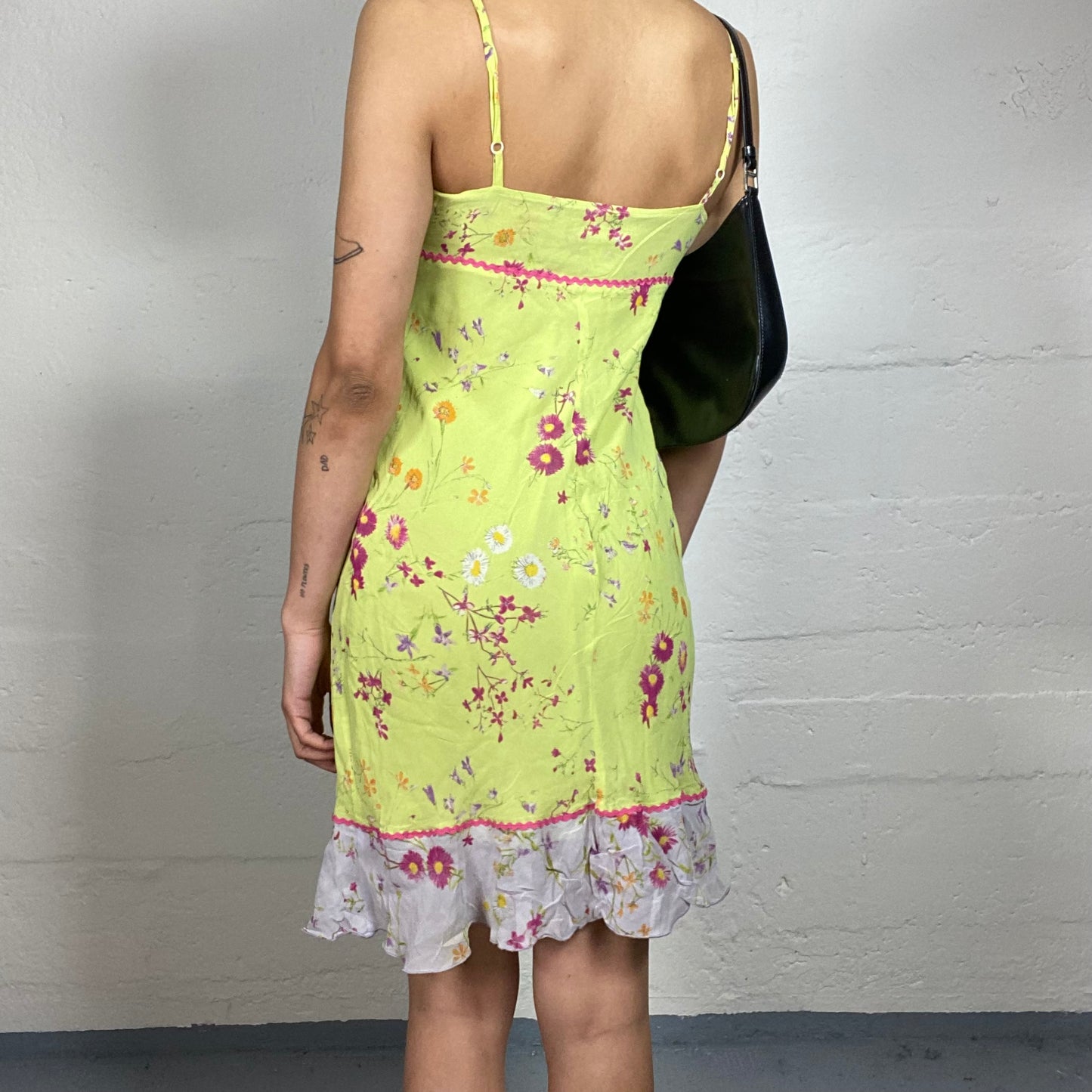 Vintage 2000's Summer Light Lime Green Cami Dress with Floral Print (S)