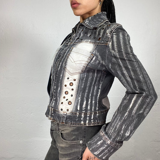 Vintage 2000's Downtown Girl Grey Denim with White Striped Bleach Zip Up Jacket with Eyelets (M)