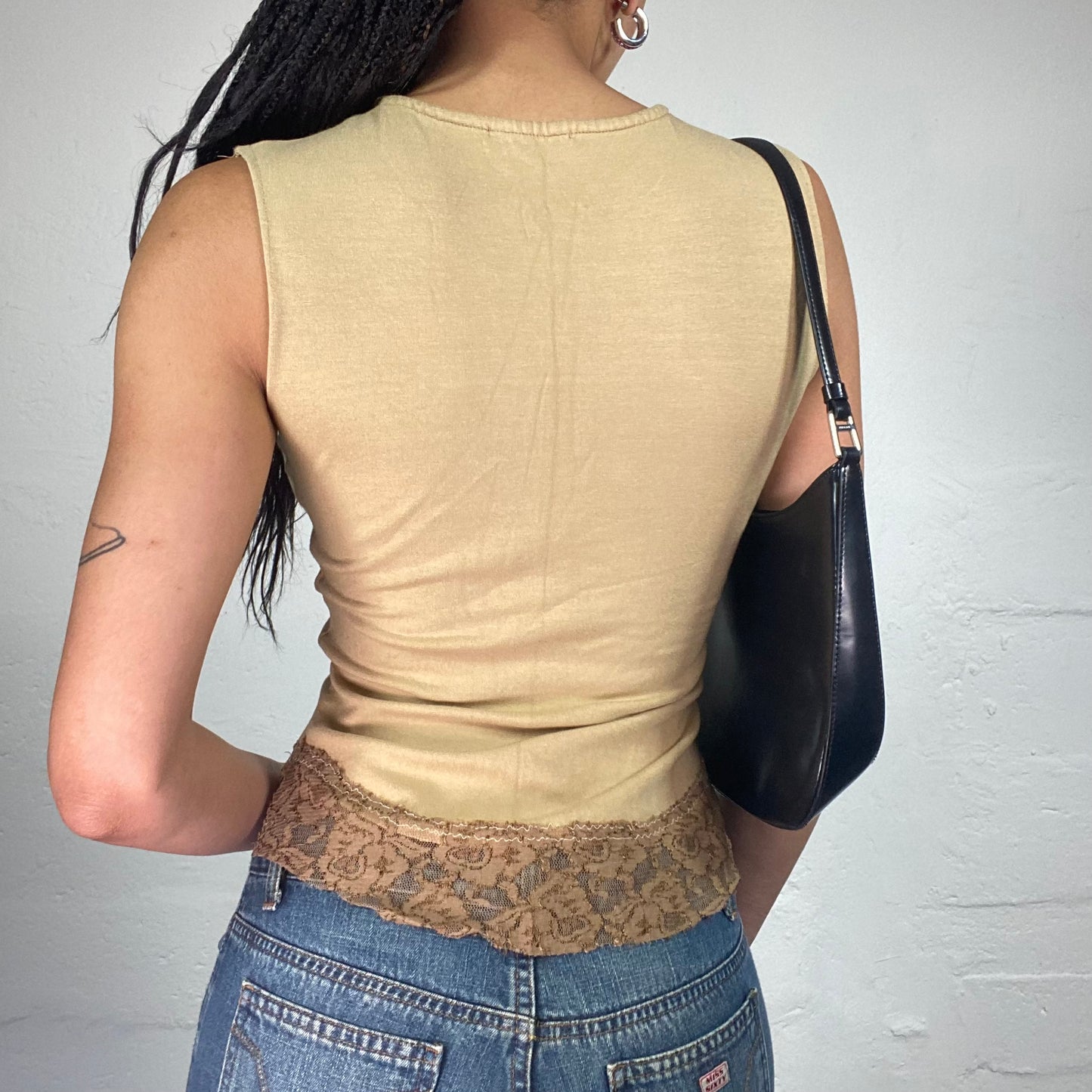 Vintage 2000's Downtown Girl Beige Tank Top with Animal White Print and Coffee Colour Lace Trim (S)