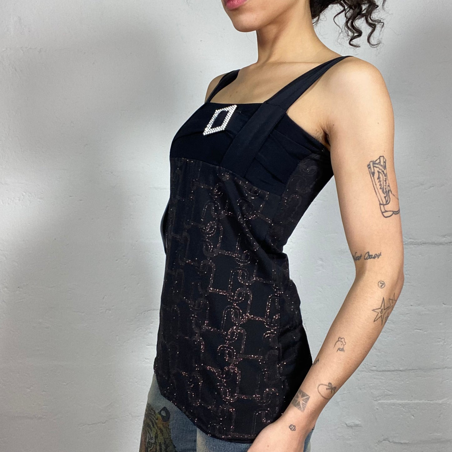 Vintage 2000's Clubwear Black Long Glitter Cami Top with Metal Square Ring Detail (M)