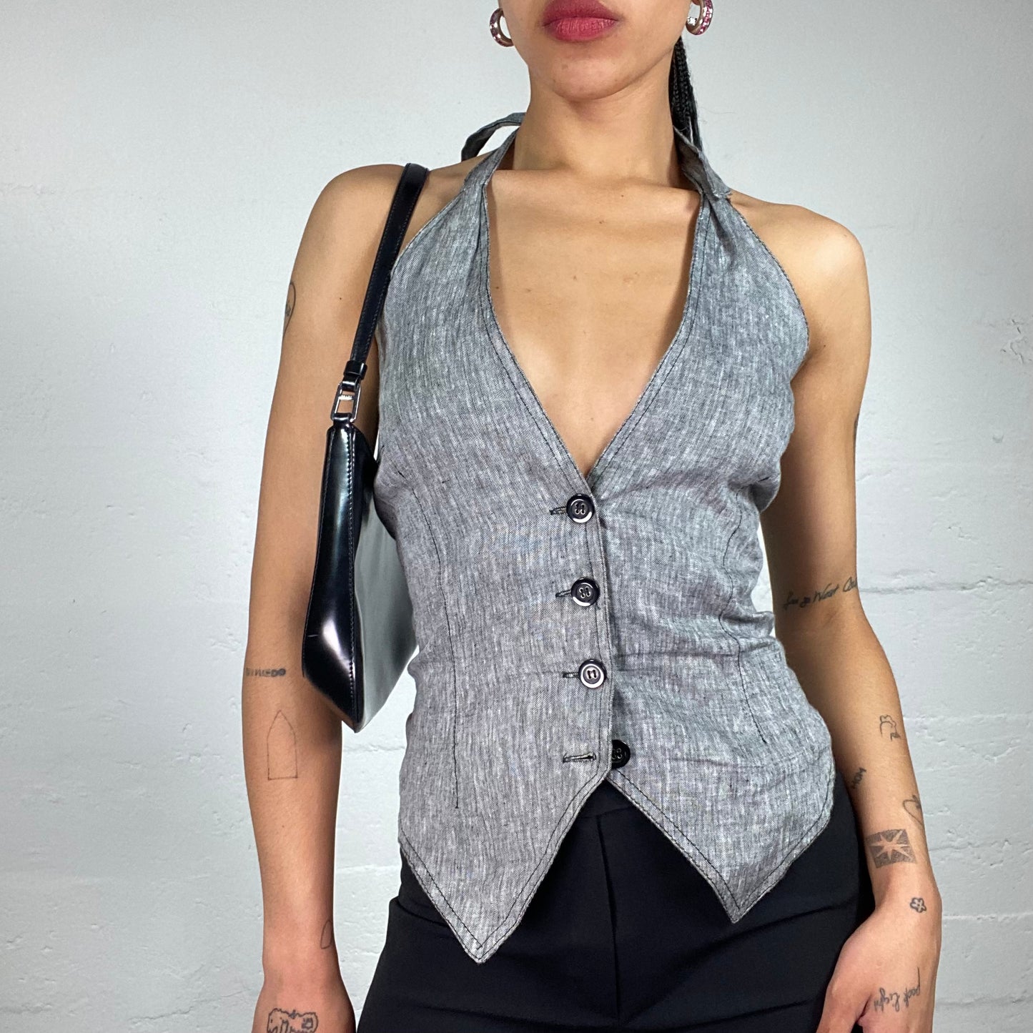 Vintage 2000's Office Girl Vibe Light Grey Button Up Vest Style Neckholder Top (M)
