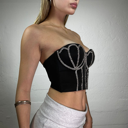 Vintage 2000's Burlesque Black Corset with Rinestone Details (S)