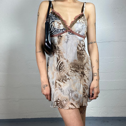 Vintage 2000's Coffee Date Grey Silky Lingerie Style Animal Printed Dress with Lace Decorated Dress (S)