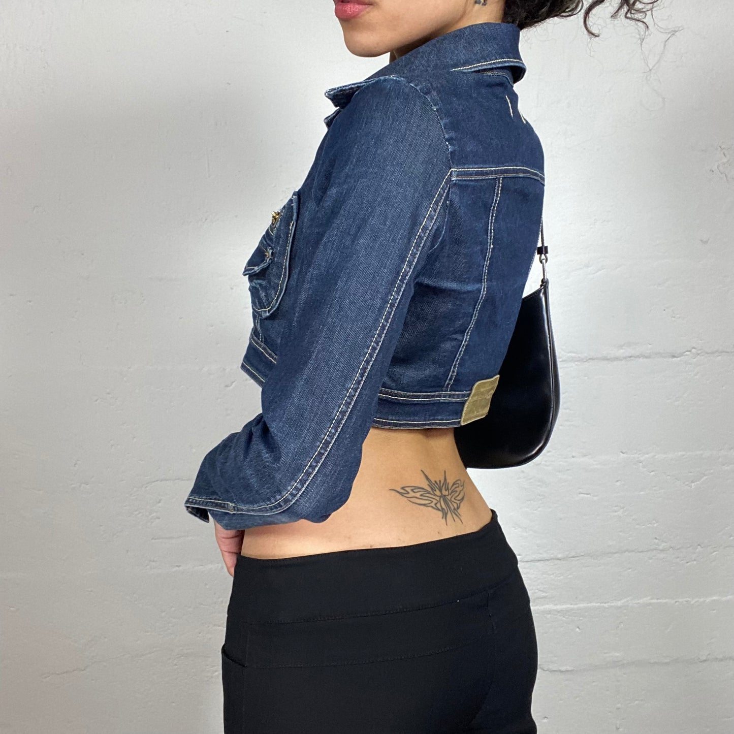 Vintage 2000's Hip-Hop Blue Denim Button Up Cropped Jacket (S)